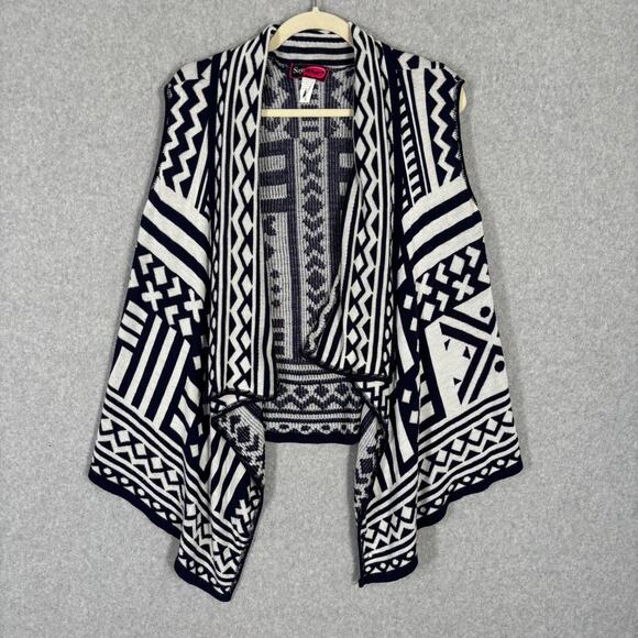 Say What? Sweaters - Sweater Cardigan Vest Womens Large Navy White Drape‎ Open Aztec Boho Southwest